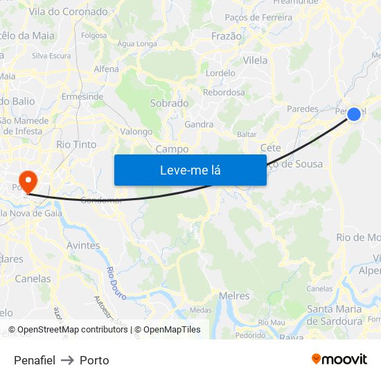 Penafiel to Porto map