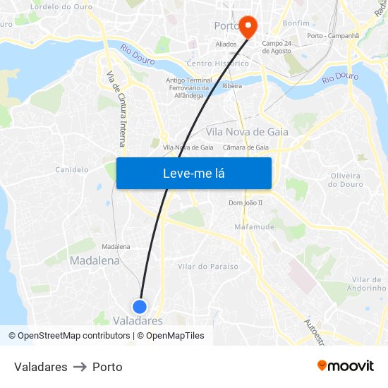 Valadares to Porto map