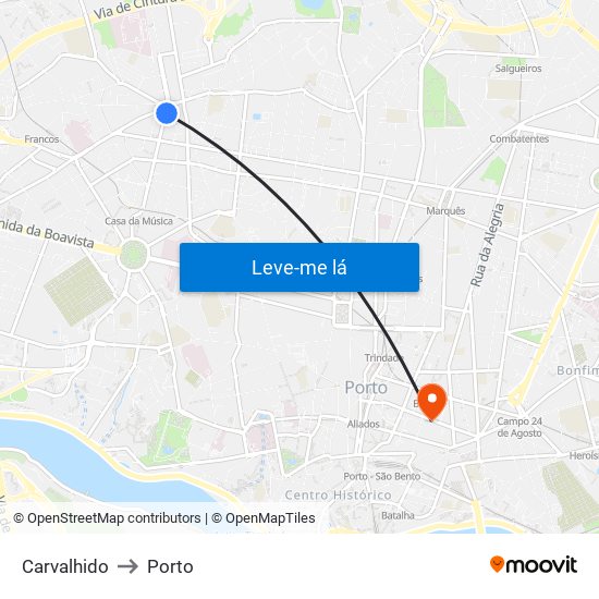 Carvalhido to Porto map