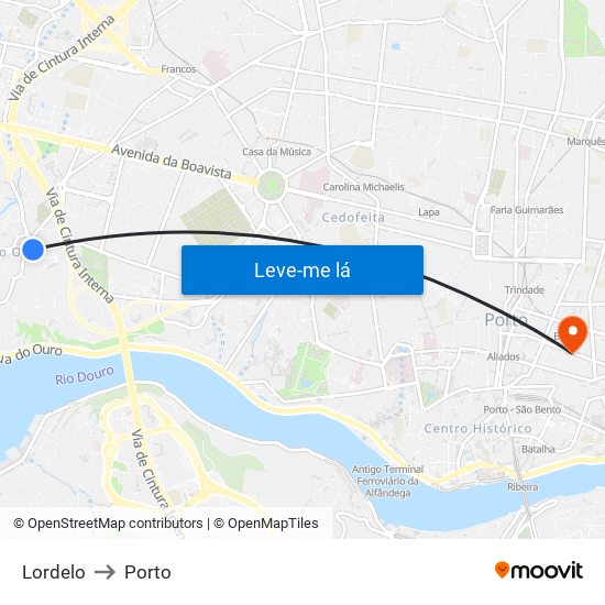 Lordelo to Porto map