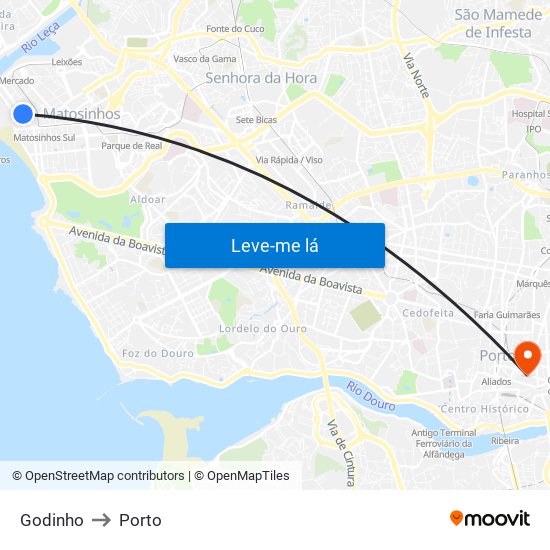 Godinho to Porto map
