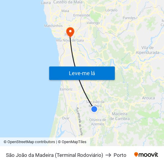 São João da Madeira (Terminal Rodoviário) to Porto map