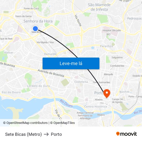 Sete Bicas (Metro) to Porto map