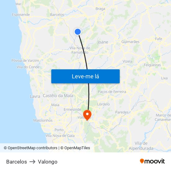 Barcelos to Valongo map