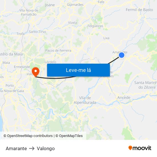 Amarante to Valongo map
