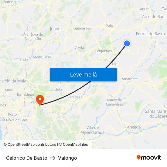 Celorico De Basto to Valongo map