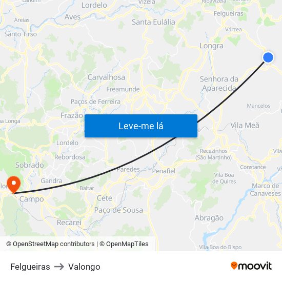 Felgueiras to Valongo map