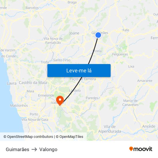 Guimarães to Valongo map