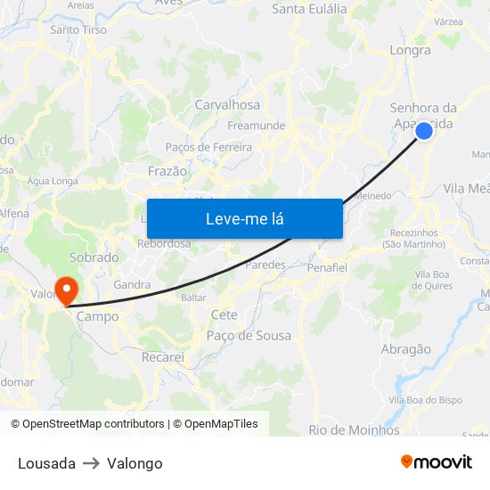 Lousada to Valongo map