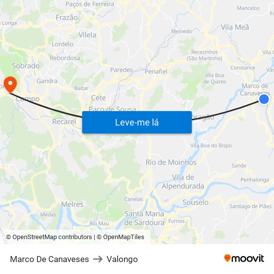 Marco De Canaveses to Valongo map