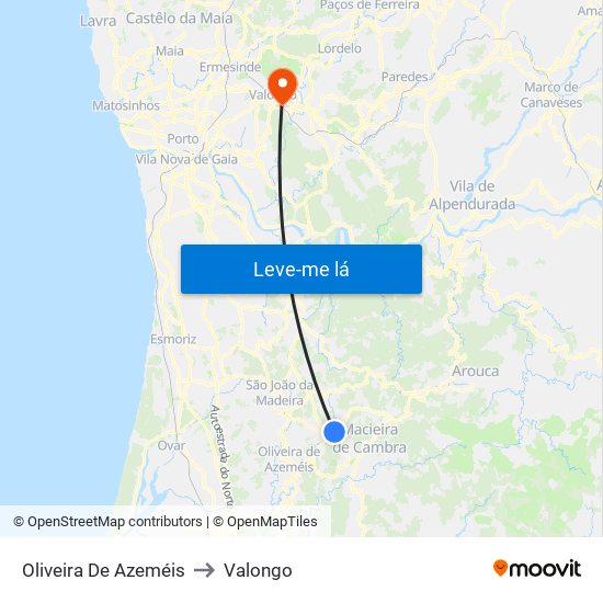 Oliveira De Azeméis to Valongo map