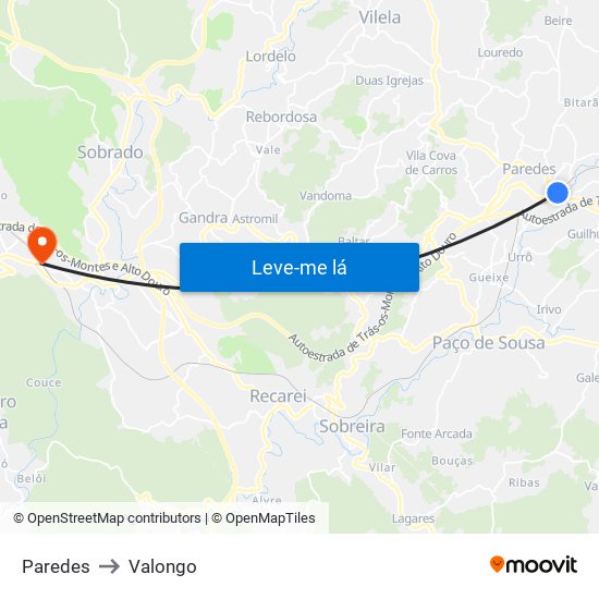 Paredes to Valongo map