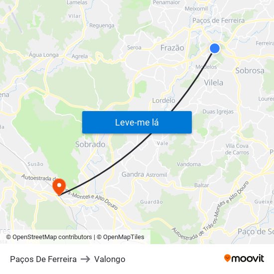 Paços De Ferreira to Valongo map