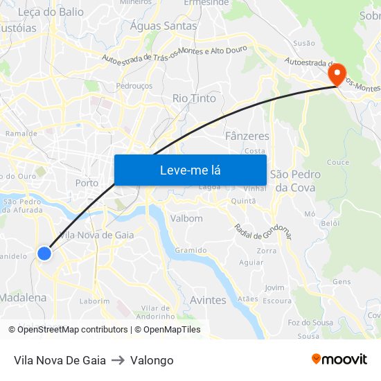 Vila Nova De Gaia to Valongo map