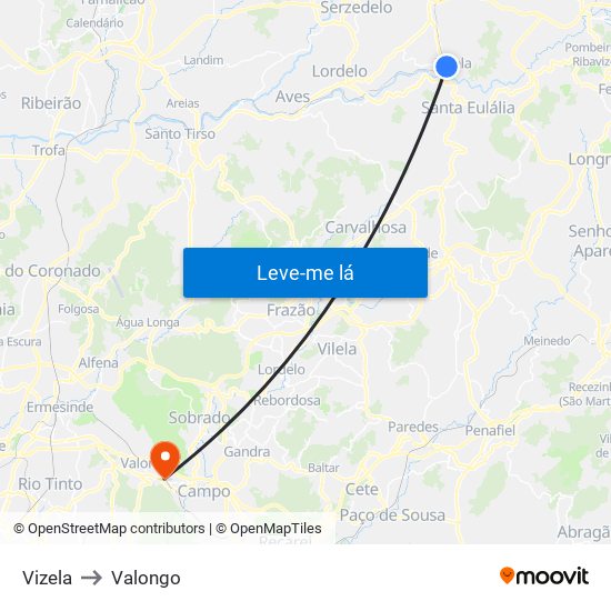 Vizela to Valongo map