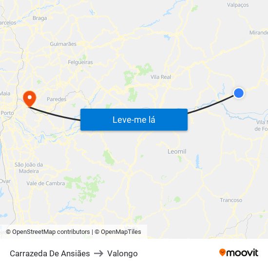 Carrazeda De Ansiães to Valongo map