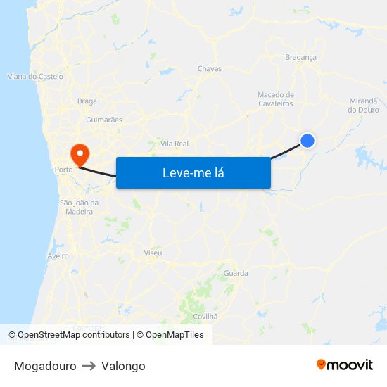 Mogadouro to Valongo map