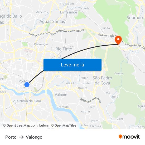Porto to Valongo map