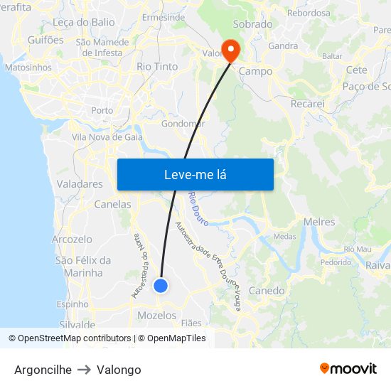 Argoncilhe to Valongo map