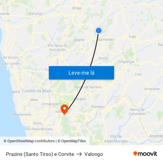 Prazins (Santo Tirso) e Corvite to Valongo map