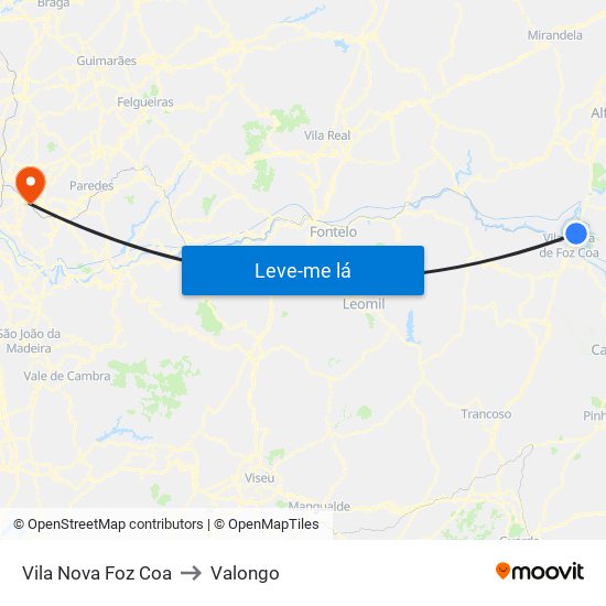 Vila Nova Foz Coa to Valongo map