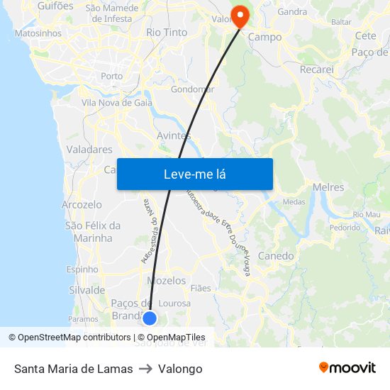 Santa Maria de Lamas to Valongo map