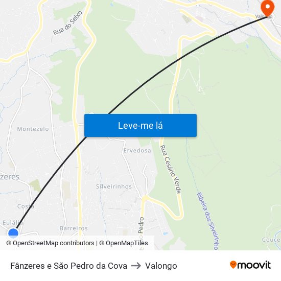 Fânzeres e São Pedro da Cova to Valongo map