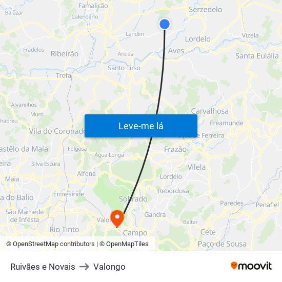 Ruivães e Novais to Valongo map