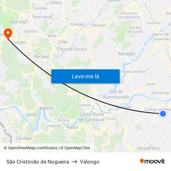 São Cristóvão de Nogueira to Valongo map