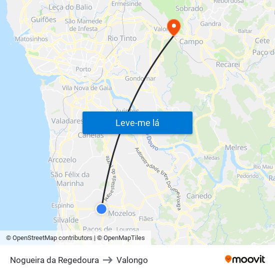 Nogueira da Regedoura to Valongo map