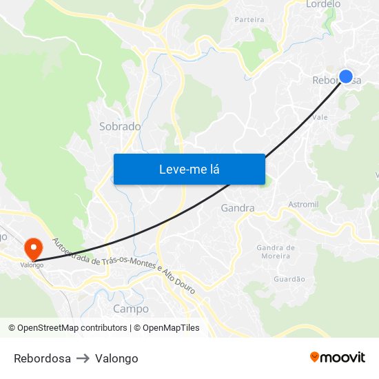 Rebordosa to Valongo map