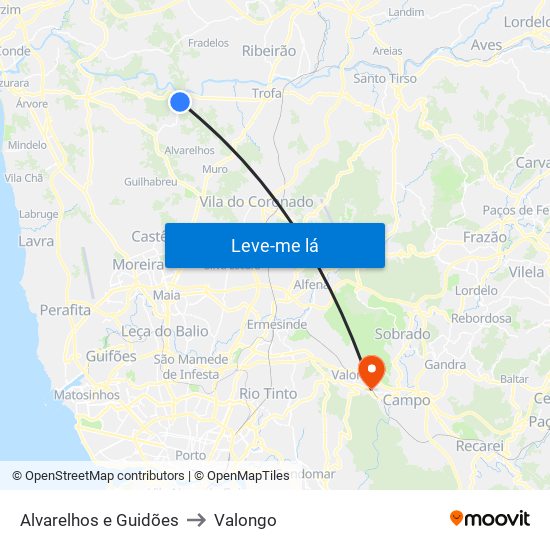 Alvarelhos e Guidões to Valongo map