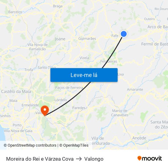 Moreira do Rei e Várzea Cova to Valongo map