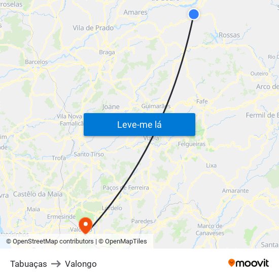 Tabuaças to Valongo map