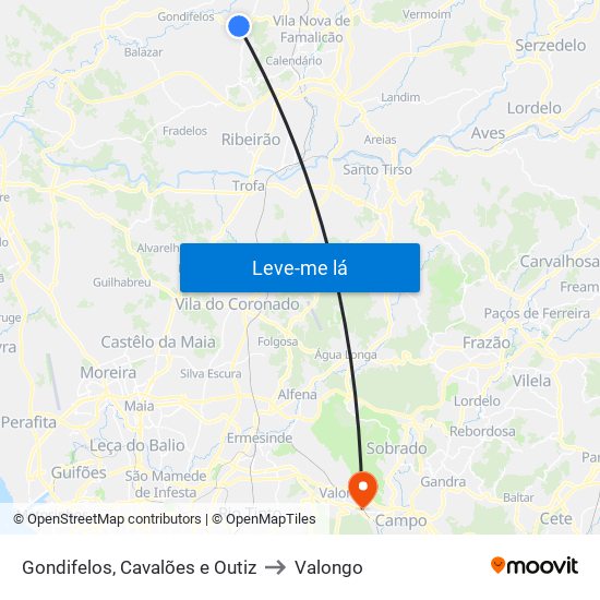 Gondifelos, Cavalões e Outiz to Valongo map