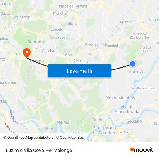 Luzim e Vila Cova to Valongo map