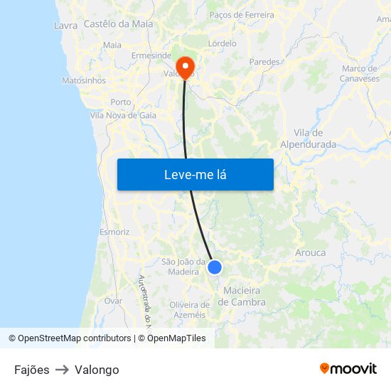 Fajões to Valongo map