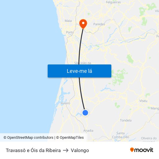 Travassô e Óis da Ribeira to Valongo map