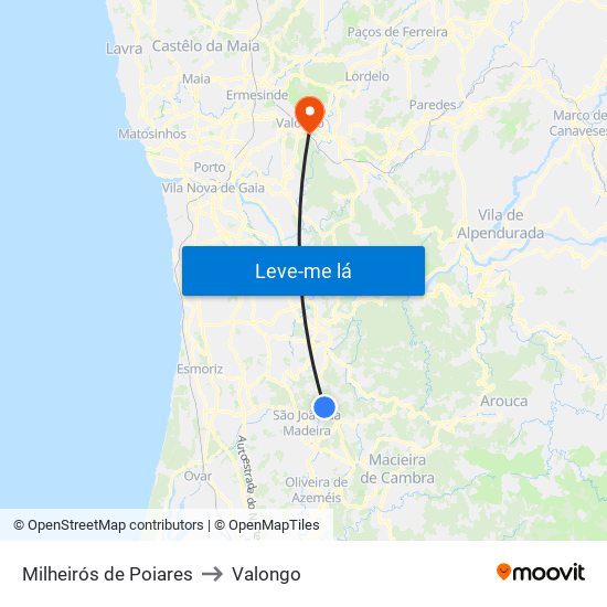 Milheirós de Poiares to Valongo map