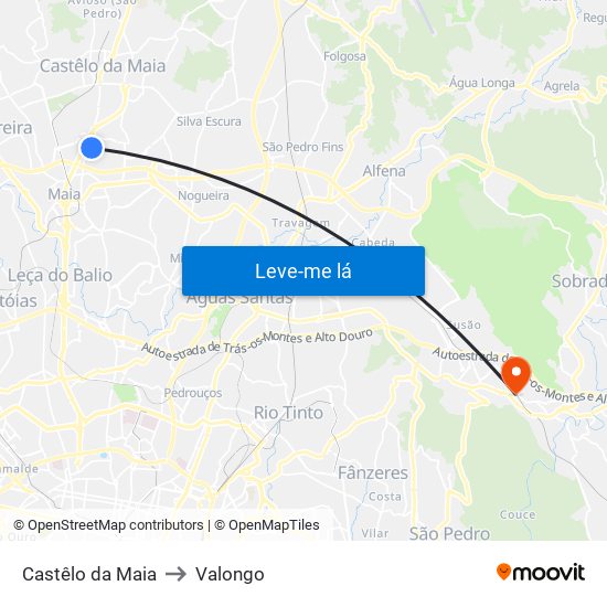 Castêlo da Maia to Valongo map