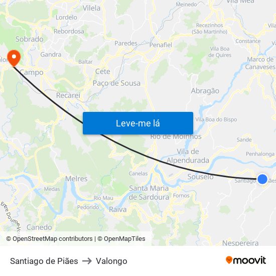 Santiago de Piães to Valongo map