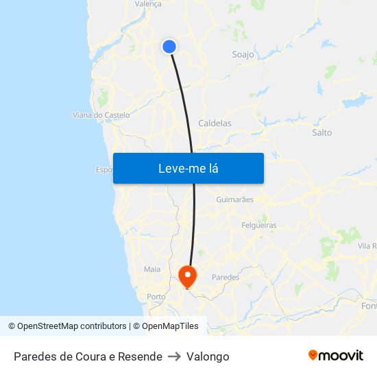 Paredes de Coura e Resende to Valongo map