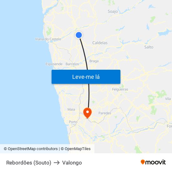 Rebordões (Souto) to Valongo map