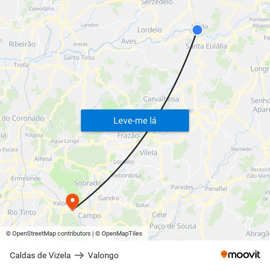 Caldas de Vizela to Valongo map