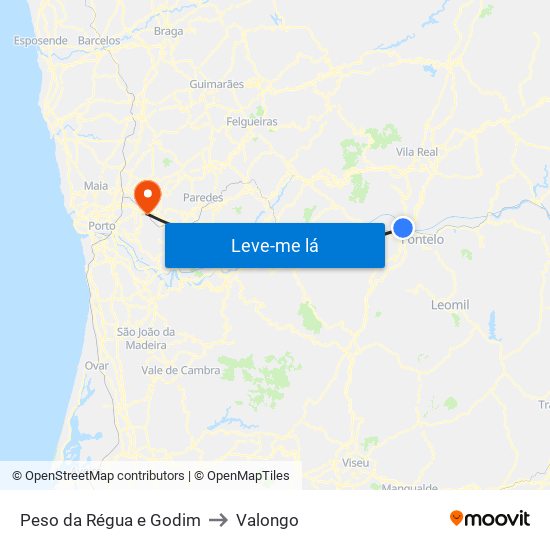 Peso da Régua e Godim to Valongo map