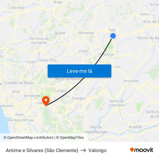 Antime e Silvares (São Clemente) to Valongo map