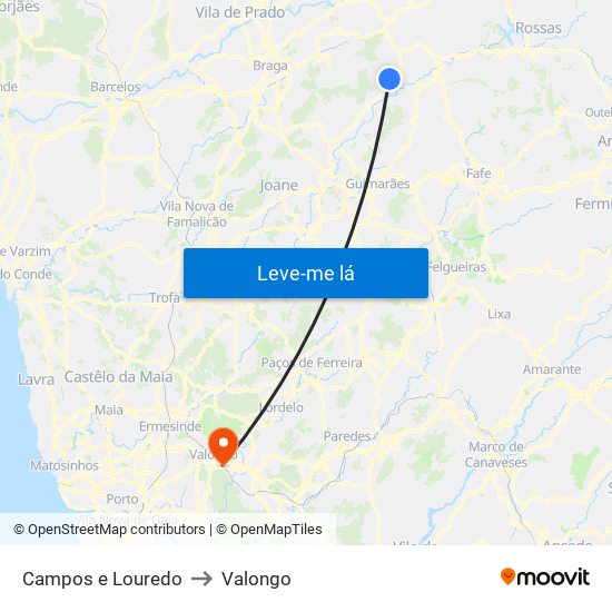 Campos e Louredo to Valongo map