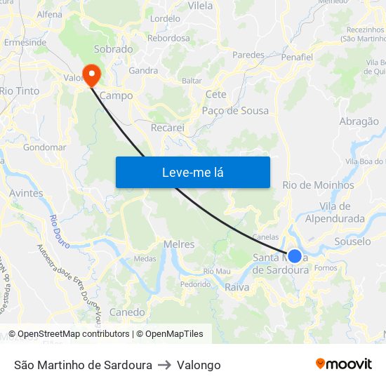 São Martinho de Sardoura to Valongo map