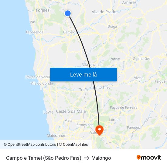 Campo e Tamel (São Pedro Fins) to Valongo map