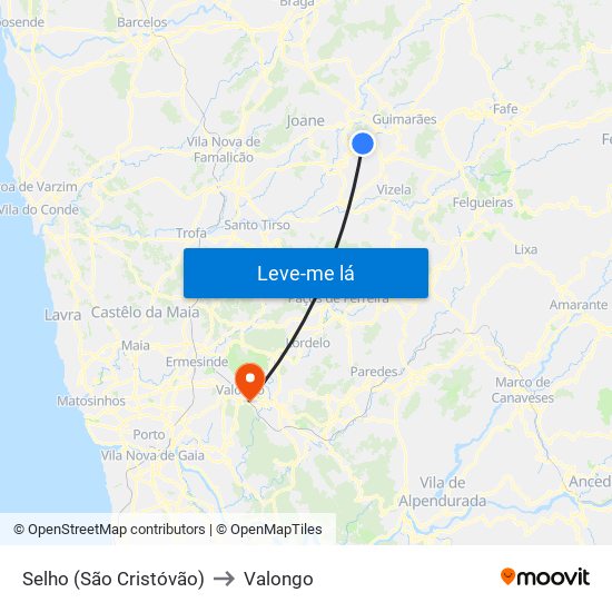 Selho (São Cristóvão) to Valongo map